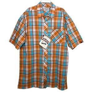 Phat Farm Cotton Classic Short Sleeve Button Up Orange Blue White Plaid Shirt XL